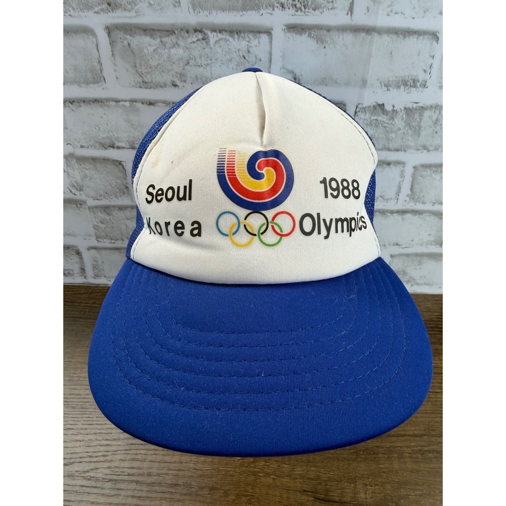 Vintage 1988 Seoul Korea Olympics Trucker Hat Blue White Mesh Snapback Cap